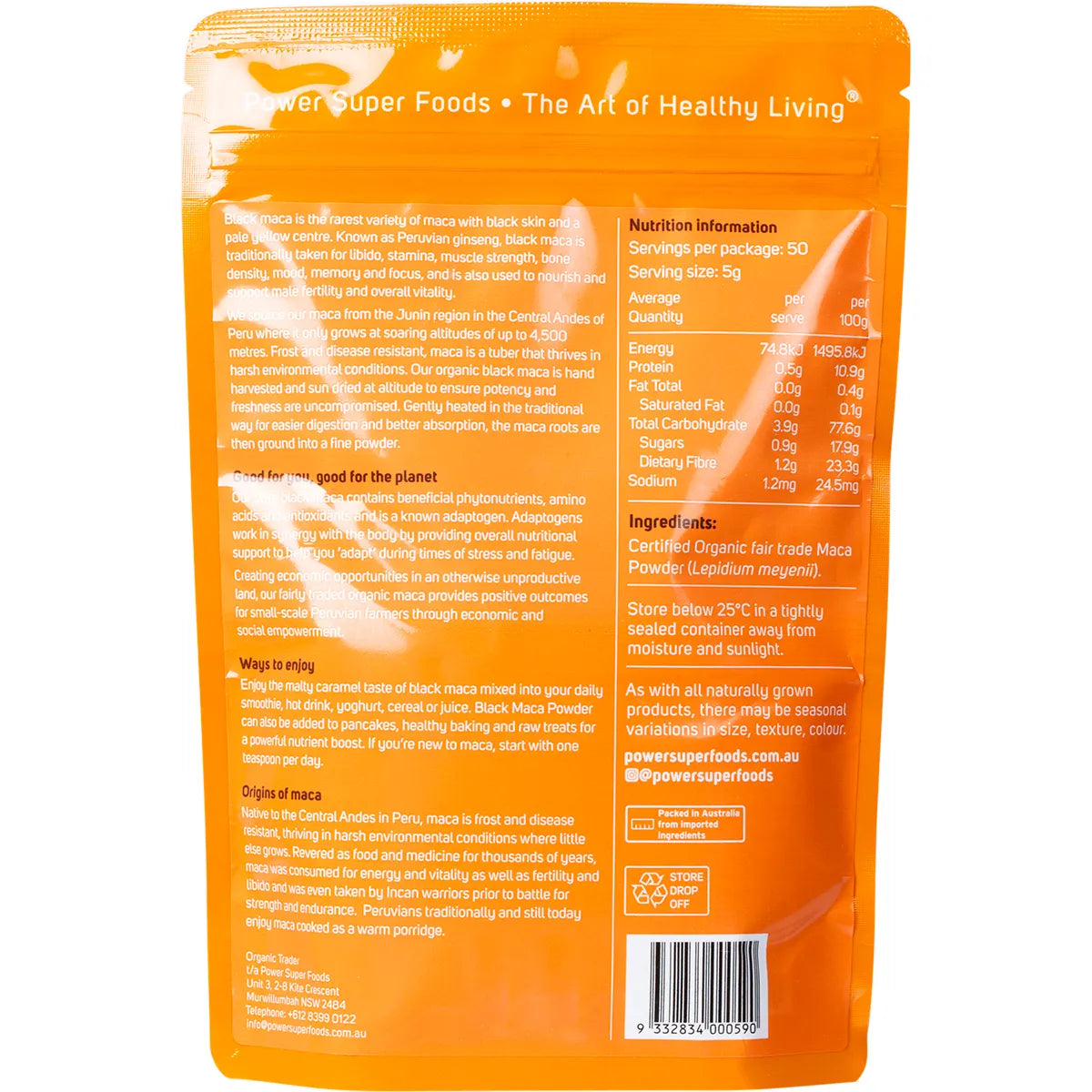 Power Super Foods Black Maca Powder Certified Organic 250g