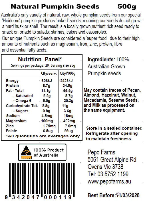 Pepo Farms Australian Pumpkin Seeds Raw Natural 250g