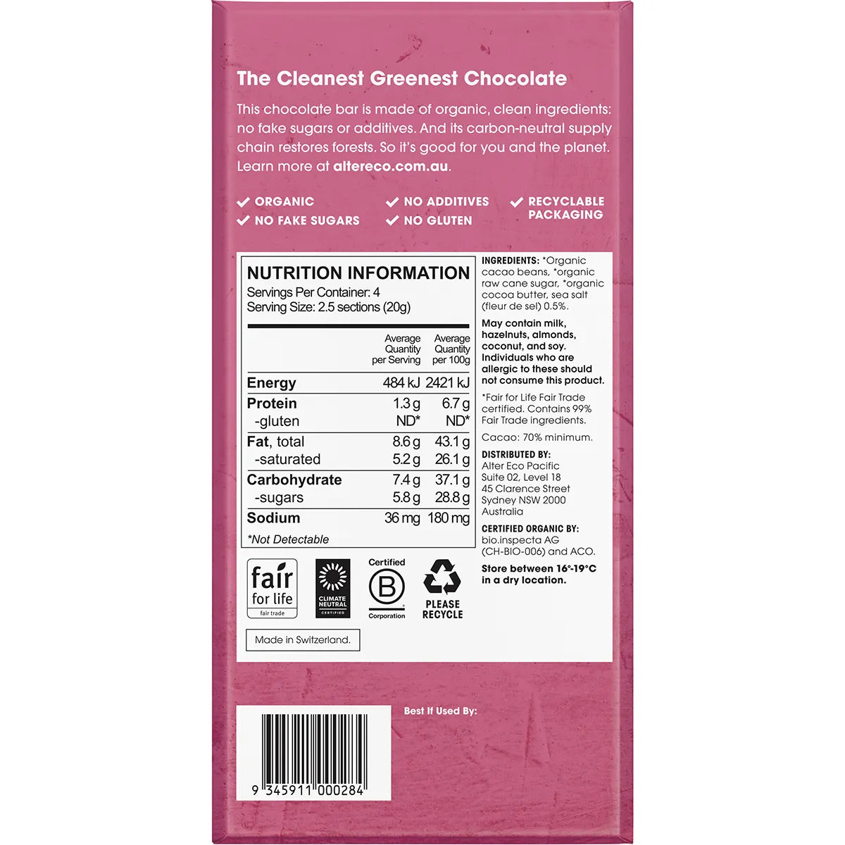 Alter Eco 70% Cacao Seasalt Organic Chocolate 75g