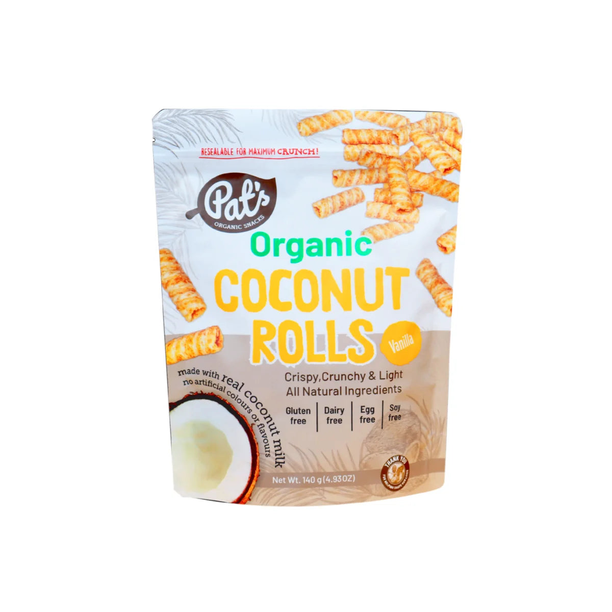 Pat's Organic Coconut Rolls Vanilla 140g