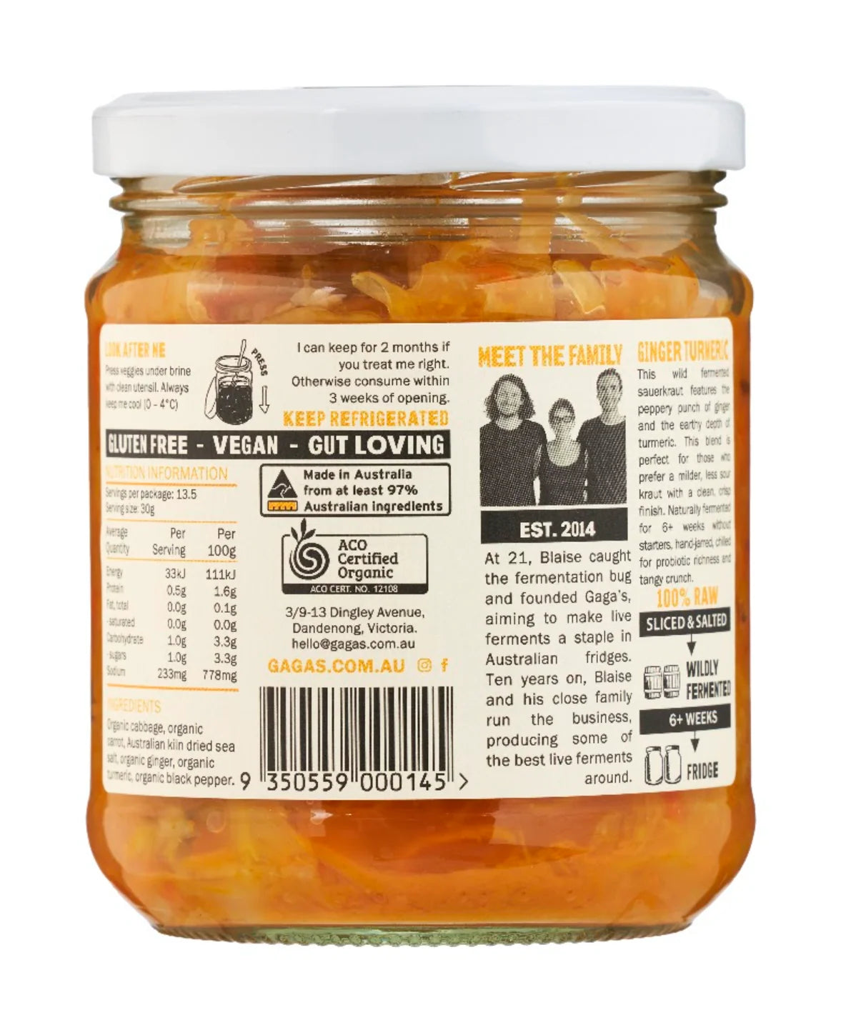 Gaga's Organic Powerkraut Ginger & Turmeric Sauerkraut 420g