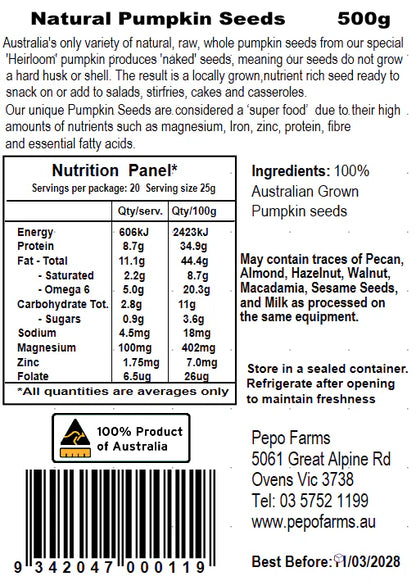 Pepo Farms Australian Pumpkin Seeds Raw Natural 250g