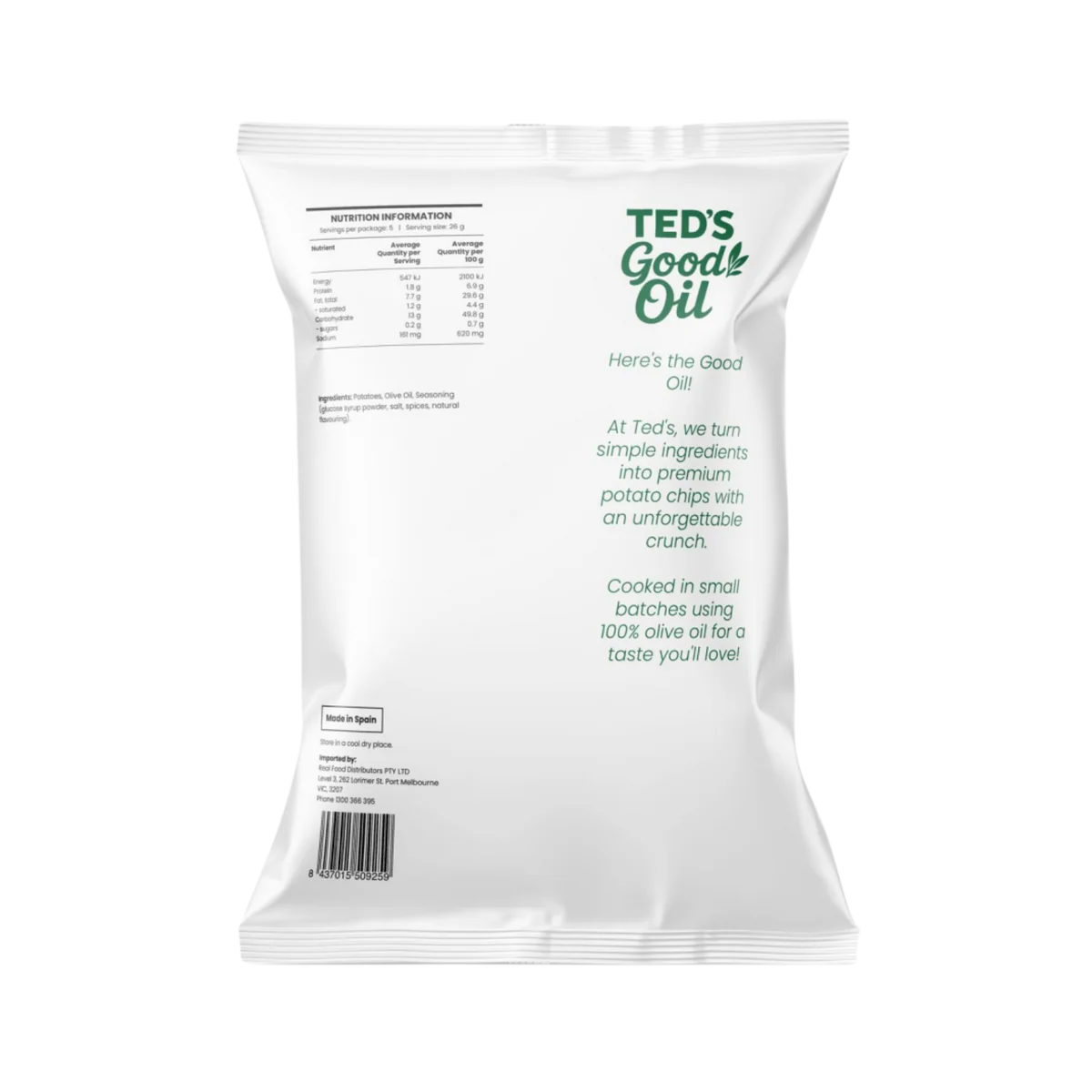 Ted's Good Oil Olive Oil Potato Chips Rosemary & Garlic 130g