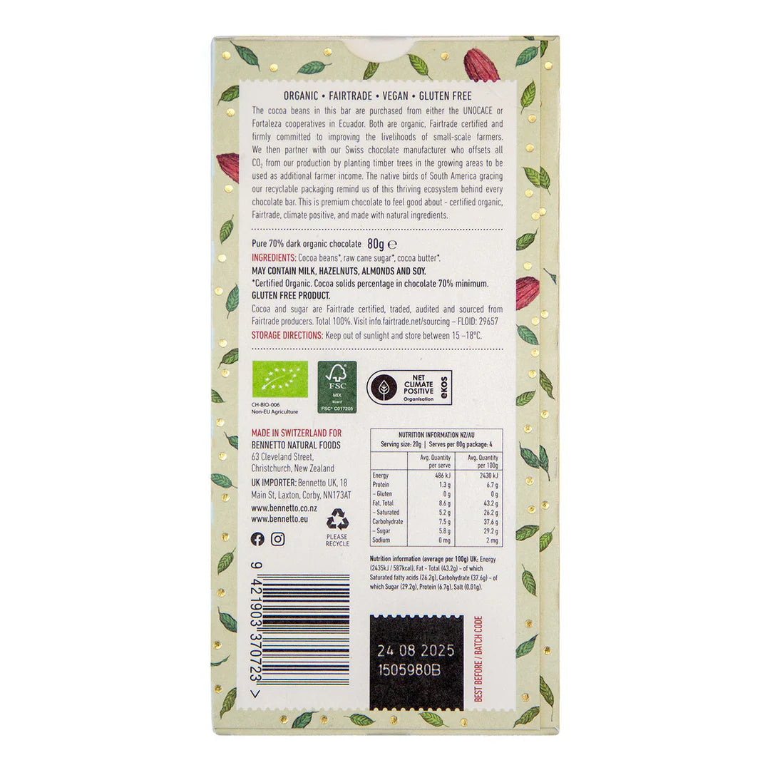 Bennetto Organic 70% Dark Chocolate 80g