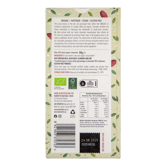 Bennetto Organic 70% Dark Chocolate 80g